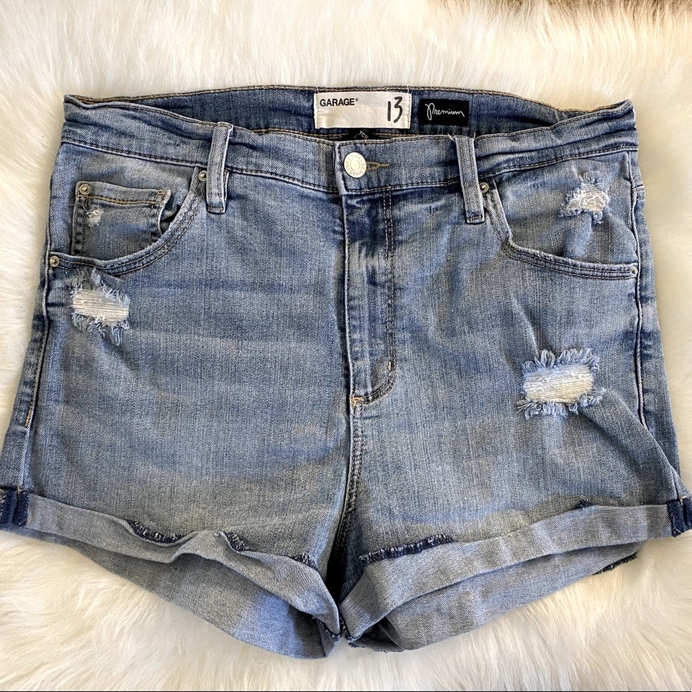 GARAGE Distressed Cuffed Hem Denim Shorts